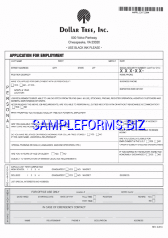 Dollar Tree Employment Application Form pdf free