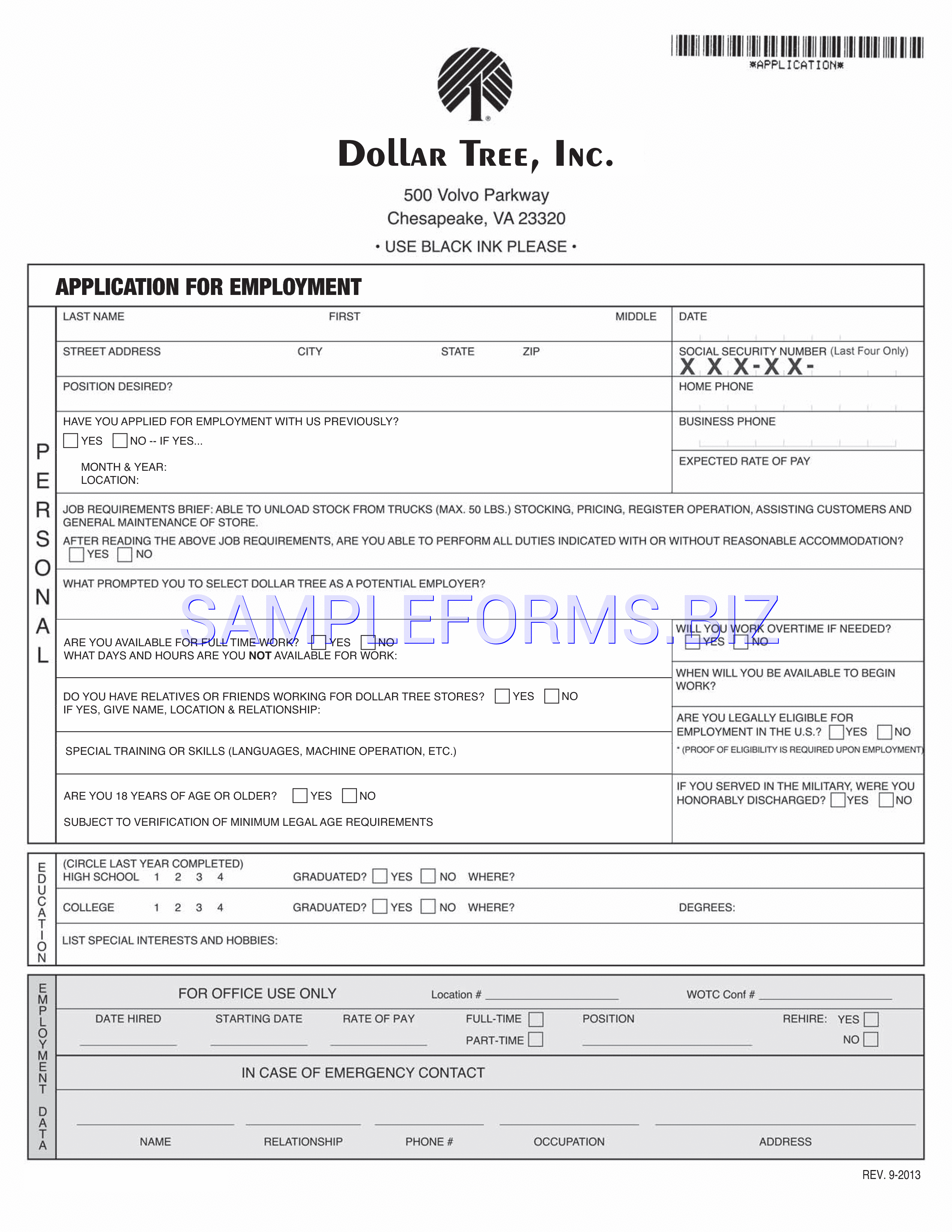 Preview free downloadable Dollar Tree Employment Application Form in PDF (page 1)